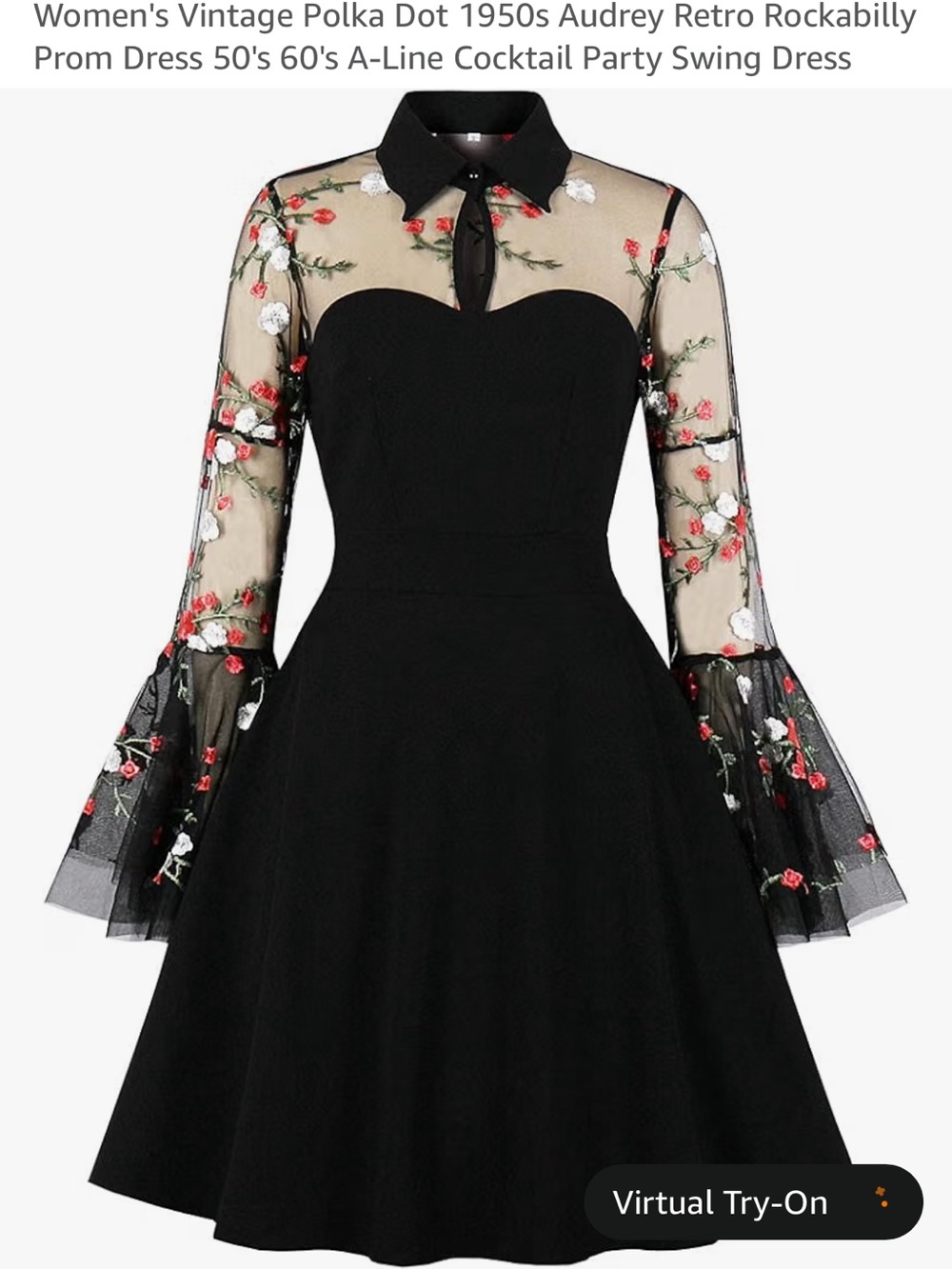 Black Floral Mesh Sleeve A-Line Dress